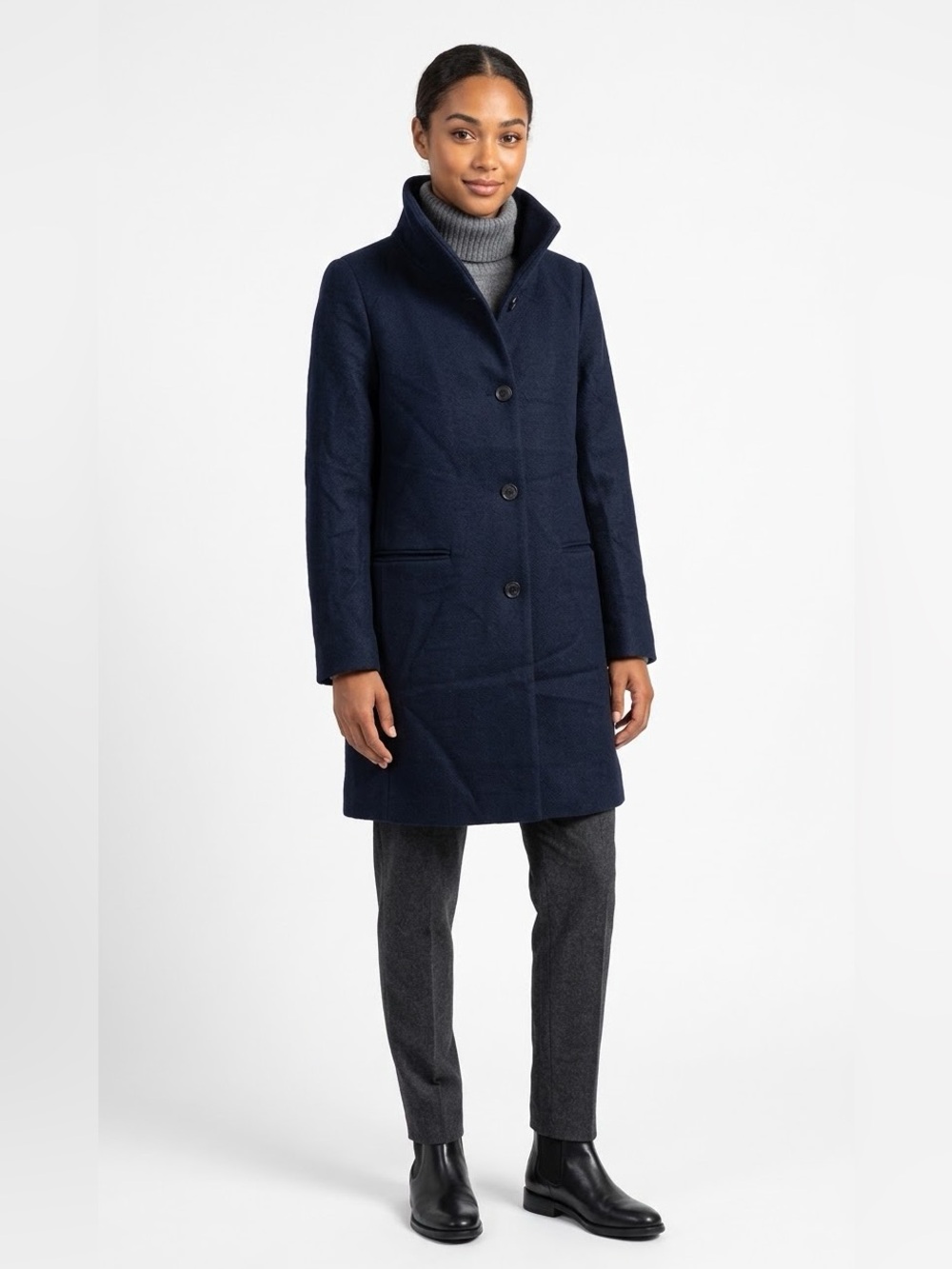 Women's Navy Single-Breasted Wool Blend Coat